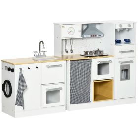Qaba Wooden Toy Kitchen Set | Interactive Play with Lights & Sounds | Includes Oven, Coffee & Ice Maker, Microwave | White Pretend Playset