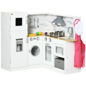 Qaba Children's Play Kitchen | Wooden Set with Lights & Sounds | Features Storage, Ice Maker, Refrigerator & Washing Machine | White