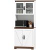 70" Farmhouse Pantry Cabinet, Kitchen Hutch Storage Cabinet with Glass Doors, Adjustable Shelves, Open Microwave Countertop, White