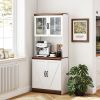 70" Farmhouse Pantry Cabinet, Kitchen Hutch Storage Cabinet with Glass Doors, Adjustable Shelves, Open Microwave Countertop, White
