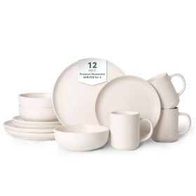 12-Piece Stoneware Dinnerware Sets with Mugs | Microwave & Dishwasher Safe | Non-Toxic Dinner Plates Bowls Set | Stackable Matte Glaze Kitchenware for (Main Color: White, Main Material: Stone)