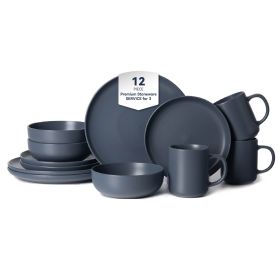 12-Piece Stoneware Dinnerware Sets with Mugs | Microwave & Dishwasher Safe | Non-Toxic Dinner Plates Bowls Set | Stackable Matte Glaze Kitchenware for (Main Color: Blue, Main Material: Stone)