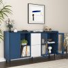 Modern Kitchen Pantry Storage Cabinet , 55" Coffee Bar Storage Cabinet with 2 Drawers, 2 Open Storage Compartment & 2 Glass Doors
