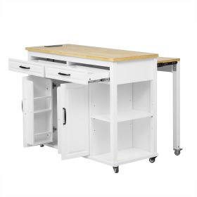 47 inch Kitchen Island with Extendable Dining Table, Rubber Wood Veneer Kitchen Table with Internal Storage Rack, Power Outlet (Material: MDF,Rubber Wood, Color: White)